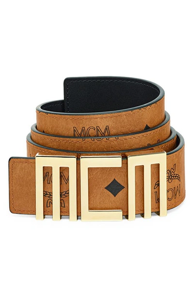 Shop Mcm Reversible Leather Logo Buckle Belt In Cognac