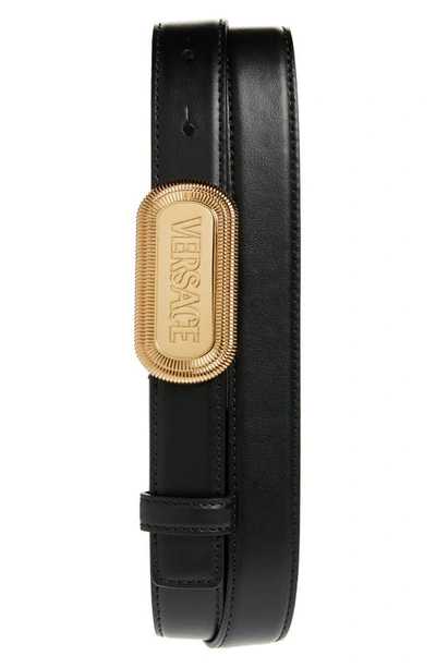 Versace Dog Tag Leather Belt In Black- Gold | ModeSens