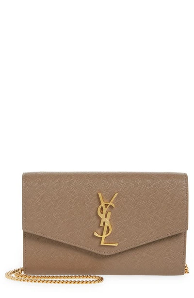 Shop Saint Laurent Uptown Pebbled Calfskin Leather Wallet On A Chain In 2346 Taupe