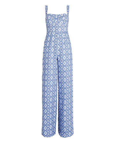 Shop Saloni Rachel Printed Linen Jumpsuit In Blue-lt