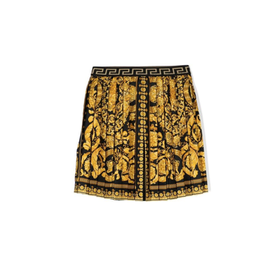 Shop Versace Teen Yellow And Black Barocco Print Pleated Skirt In Gold