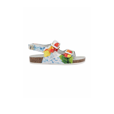 Shop Dolce & Gabbana Printed Two Strap Buckle Canvas Sandals In Blue