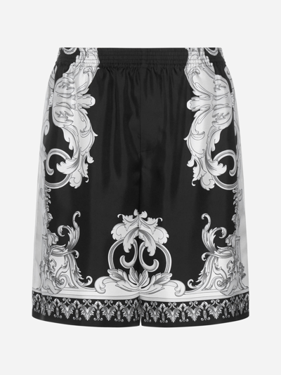 Shop Versace Silver Baroque Print Silk Shorts