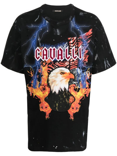 Shop Roberto Cavalli Eagle Logo-print Cotton T-shirt In Black