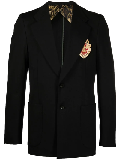 Shop Roberto Cavalli Crest-embroidered Cotton-blend Blazer In Black