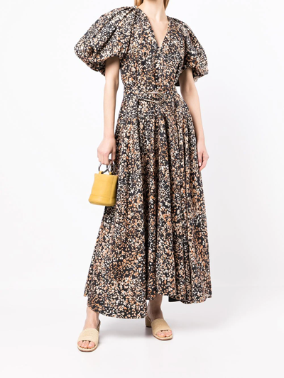 Shop Acler Abstract-print Puff-sleeves Dress In Brown