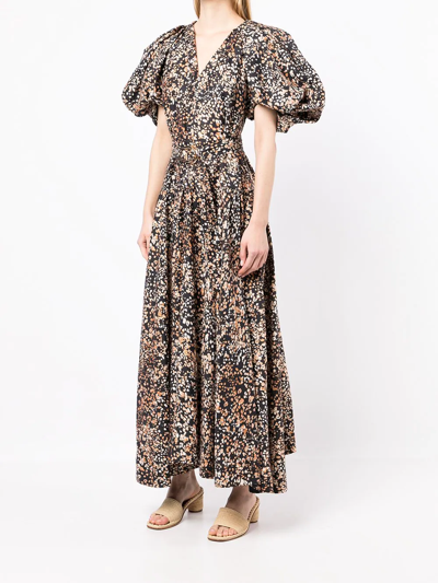 Shop Acler Abstract-print Puff-sleeves Dress In Brown