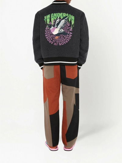 Jw Anderson Graphic-embroidered Boxy-fit Wool-blend Varsity Jacket In Grey