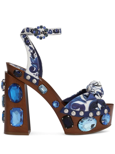 Shop Dolce & Gabbana Majolica-print 90mm Embellished Wedge Sandals In Blue