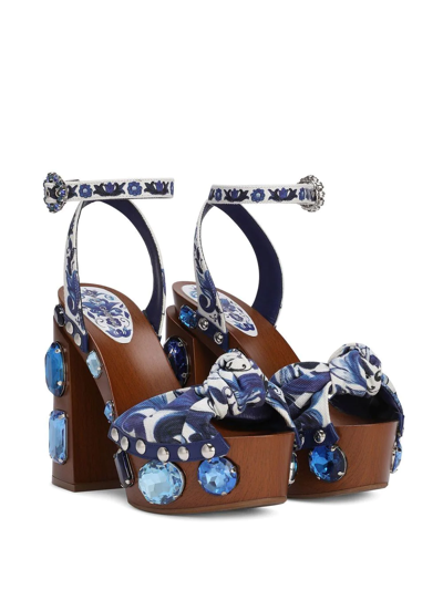 Shop Dolce & Gabbana Majolica-print 90mm Embellished Wedge Sandals In Blue