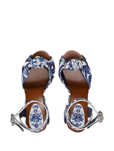 Shop Dolce & Gabbana Majolica-print 90mm Embellished Wedge Sandals In Blue