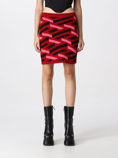 Shop Versace La Greca Wool Blend Knit Skirt In Fuchsia