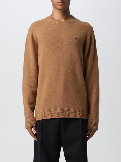Shop Versace Greca Cashmere Wool Sweater In Beige