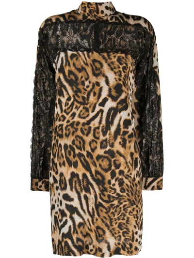 Shop Boutique Moschino Leopard-print Lace Mini Dress In Neutrals