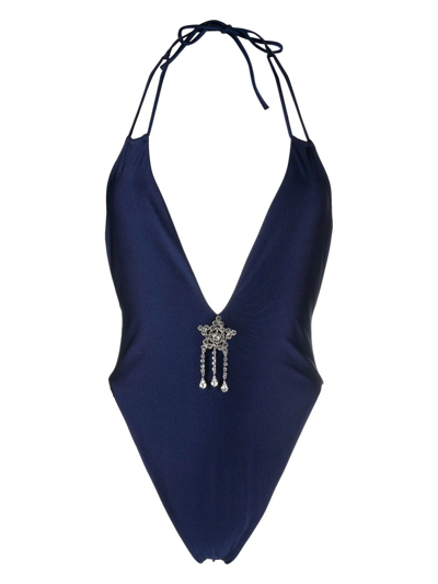 Shop Alessandra Rich Lurex Halterneck Swimsuit In Blau