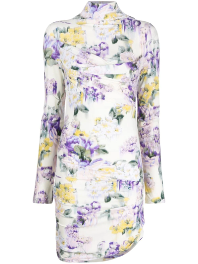 Shop Off-white Floral-print Ruched Dress In Grün