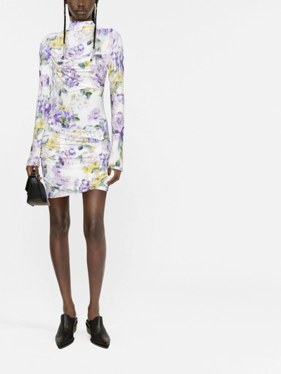 Shop Off-white Floral-print Ruched Dress In Grün