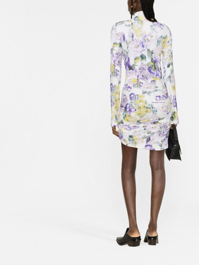 Shop Off-white Floral-print Ruched Dress In Grün