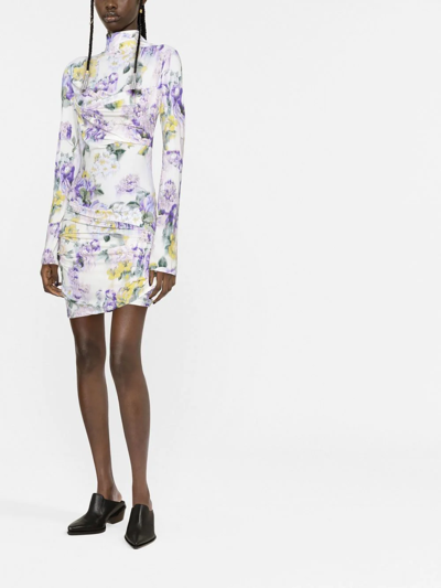 Shop Off-white Floral-print Ruched Dress In Grün