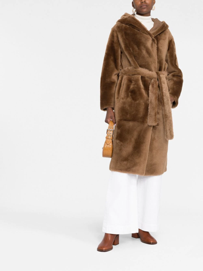 Yves Salomon Reversible Hooded Shearling Coat In Braun