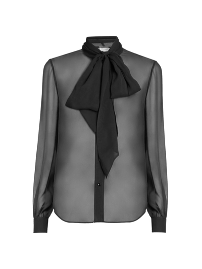 Shop Saint Laurent Sheer Tie-neck Blouse In Noir