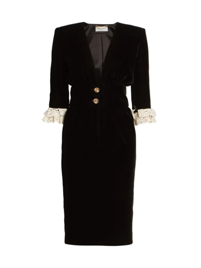 Shop Saint Laurent Women's Velvet Lace-cuff Dress In Noir
