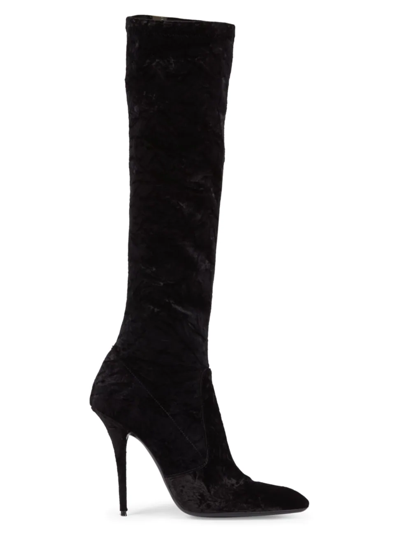 Shop Saint Laurent Women's Ella Velvet Knee-high Boots In Nero