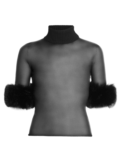 Shop Saint Laurent Women's Faux Fur Cuff Sheer Top In Noir