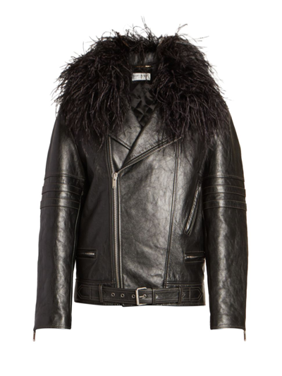 Shop Saint Laurent Feather-embellished Leather Jacket In Noir