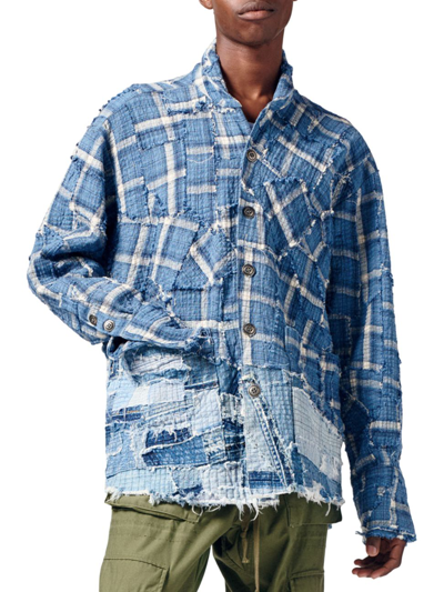 Shop Greg Lauren Men's Plaid Denim Stitchwork Jacket In Blue