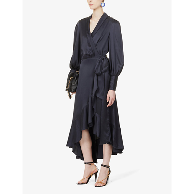 Shop Zimmermann Womens Navy Plunge-neck Wrap-over Silk Midi Dress