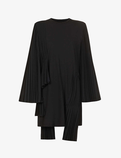 Shop Mm6 Maison Margiela Pleated-panel Flared-hem Cotton Midi Dress In Black