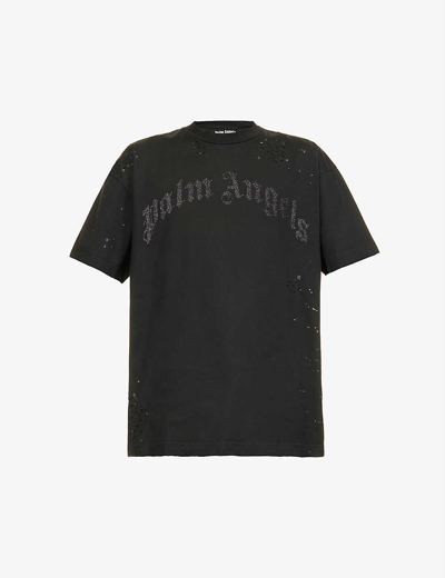 Palm Angels Black Crewneck T-shirt With Maxi Logo Print On The Front In Black Black