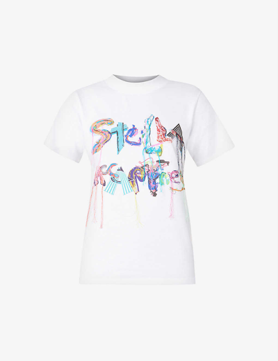 Shop Stella Mccartney Graphic-print Tassel-embroidered Cotton-jersey T-shirt In Pure White