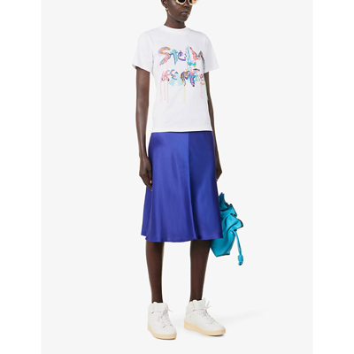 Shop Stella Mccartney Graphic-print Tassel-embroidered Cotton-jersey T-shirt In Pure White
