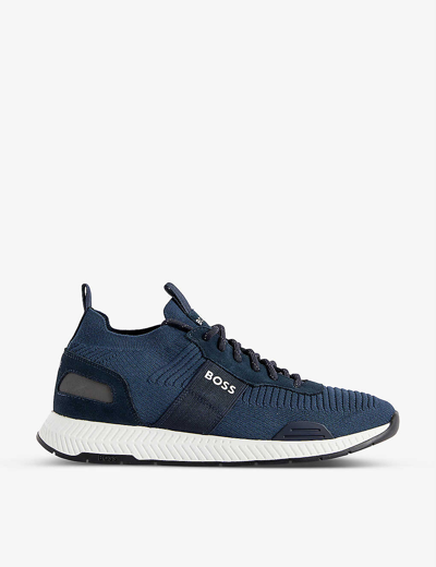 Shop Hugo Boss Woven Lace-up Running Trainers In Dark Blue