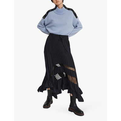 Shop Claudie Pierlot Womens Bleus Selode Sheer-panel Pleated Crepe Midi Skirt
