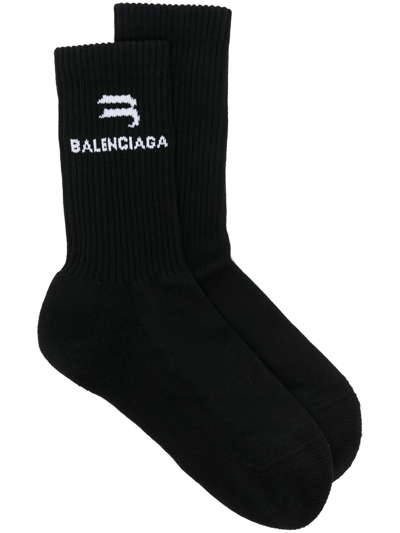 Shop Balenciaga Logo-print Ribbed Socks In Black