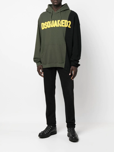 Pre-owned Dsquared2 标贴拼接抽绳连帽衫 In Green