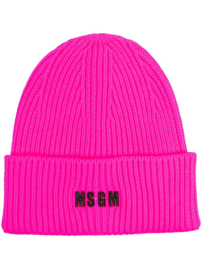 Shop Msgm Embroidered-logo Knit Beanie In Pink