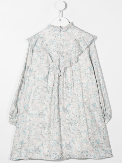 Shop Chloé Floral Ruffle Long-sleeve Dress In Grey