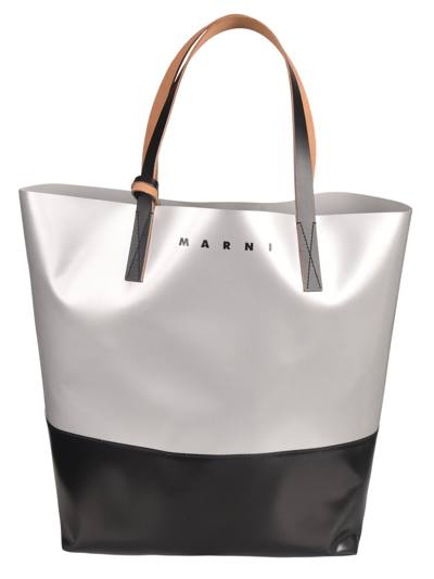 Shop Marni Colourblock Logo Shopper Bag In Silver/black