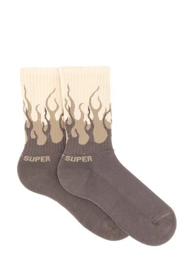 Shop Vision Of Super Socks With Double Logo Flame In Grigio