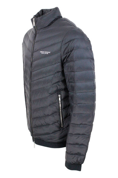 Shop Armani Collezioni Light Down Jacket With Logoed And Elasticated Edges And Zip Closure In Grey Dark
