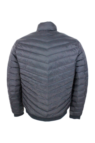 Shop Armani Collezioni Light Down Jacket With Logoed And Elasticated Edges And Zip Closure In Grey Dark