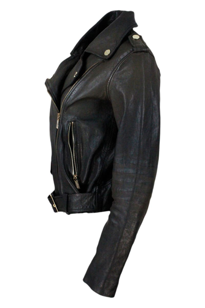 Shop Armani Collezioni Leather Biker Jacket With Pockets And Zip In Black