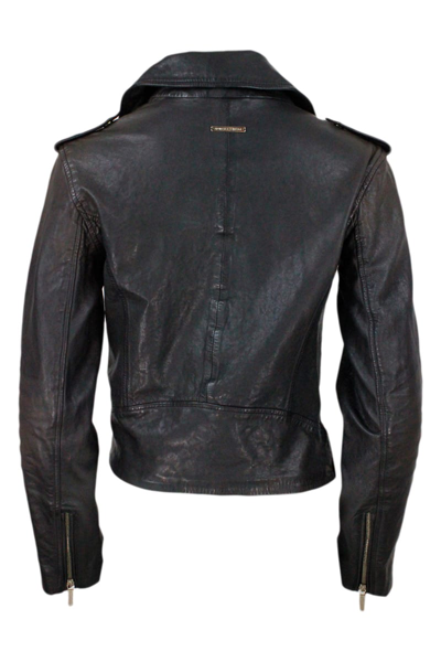 Shop Armani Collezioni Leather Biker Jacket With Pockets And Zip In Black