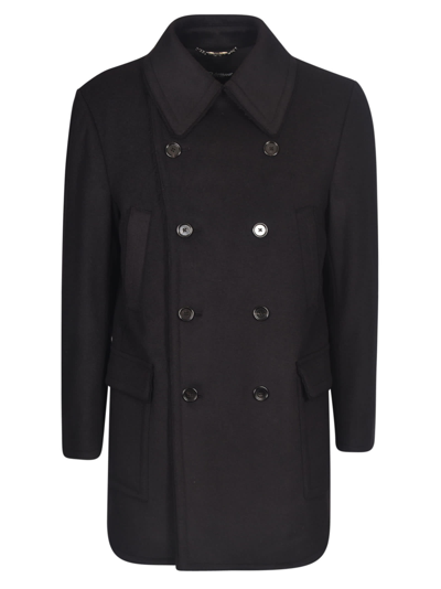 Shop Dolce & Gabbana Double-breasted Plain Peacoat In Black