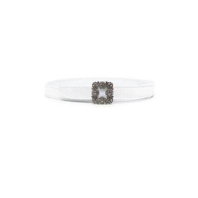Shop Manolo Blahnik Hangisi Crystal-embellished Leather Belt In White