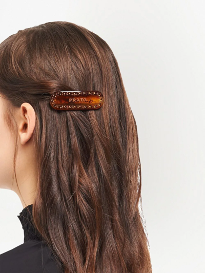 Prada Crystal Embellished Logo Hair Clip In Brown